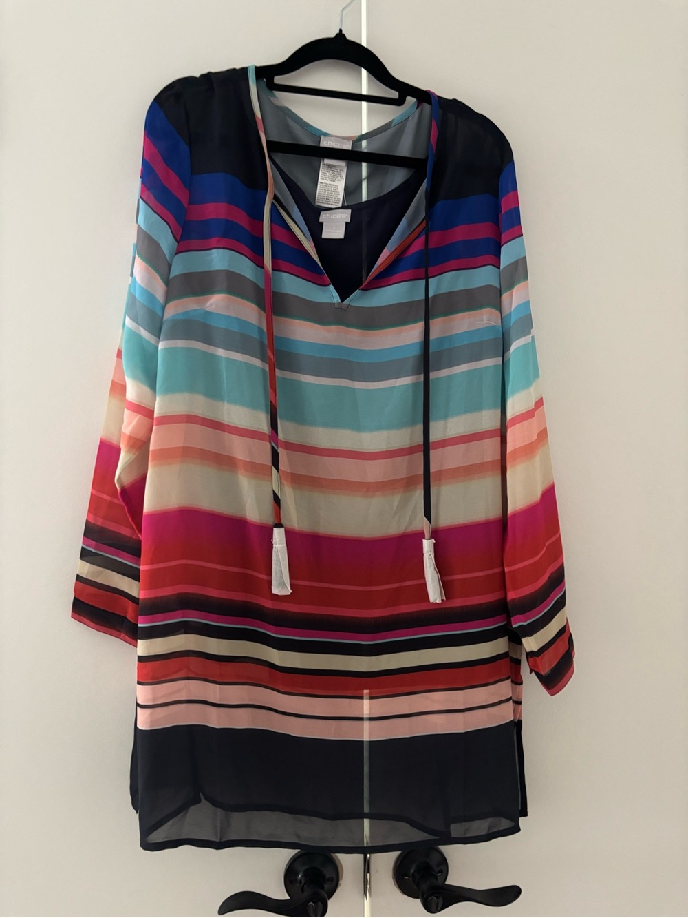 NWT Chico’s Striped Multicolor Tunic Top - V-Neck with Tassel Ties- sz 2